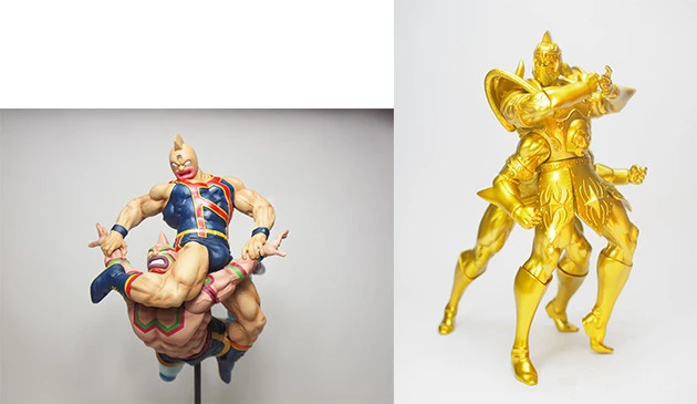 (左)CMC マッスルスパーク 特別カラー メタリック(限定100体)2万6850円(+税)。(右)キンソフ サタンクロス サムソンティーチャーver原作ゴールド(限定40体)9167円(+税)