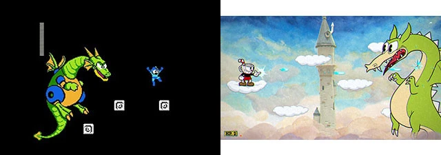 (左)『ロックマン2 Dr.ワイリーの謎』(1988年発売)に登場するメカドラゴン。(C)CAPCOM CO.,LTD.ALL RIGHTS RESERVED.(右)影響を受けたというボス、グリム・マッチスティック。そっくり! (C)CAPCOM CO.,LTD.ALL RIGHTS RESERVED.