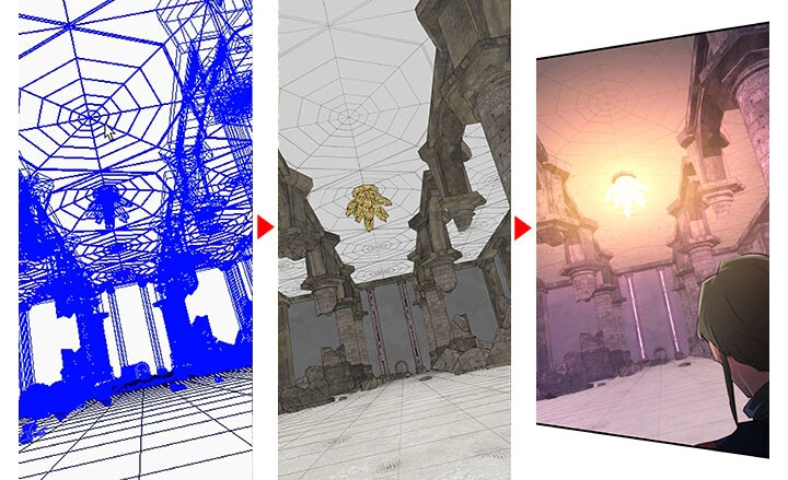 牧場ノリ先生の背景制作の流れ。原作担当が建造物の3Dモデルを作成、もしくは購入して準備。これにより、コマごとに画角が変わったとしても、毎回イチから描く必要がないため効率的! 週刊連載のスケジュールの中で背景制作にかかるのはたった1日。作画担当もほかのイラストに注力できるぞ!