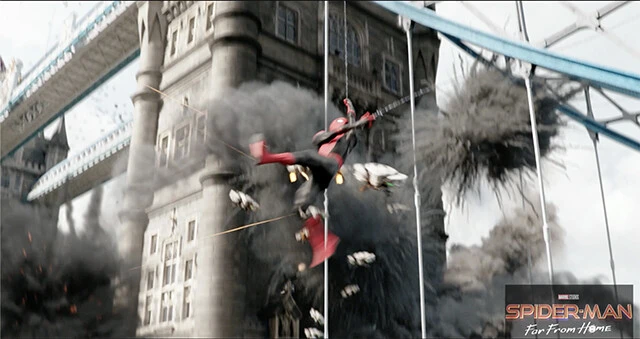 『スパイダーマン：ファー・フロム・ホーム』で島田さんが手がけたシーン。ほかにも『スパイダーマン：スパイダーバース』『ジャスティス・リーグ』『トロールハンターズ』『ヒックとドラゴン　新たな世界へ！』『スター・ウォーズ/クローン・ウォーズ』などに参加。©2019 Columbia Pictures Industries, Inc. All Rights Reserved. MARVEL and all related character names:© & ™ 2023 MARVEL.