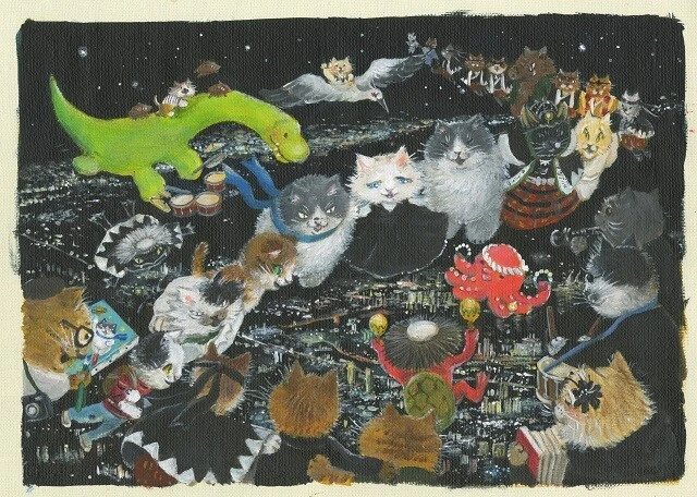 神戸の夜景を見下ろす猫たち。『かなしきデブ猫ちゃん マルのはじまりの鐘』より