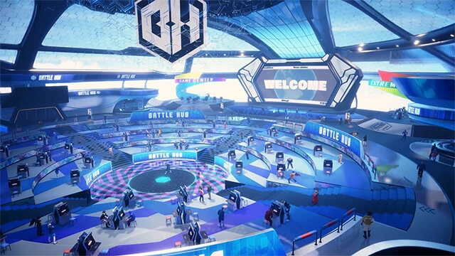 ゲーム内でプレイヤーたちが集う「バトルハブ」は、まるでゲームセンターのような空間。たくさんの筐体が置いてあり、そこで対戦を楽しめるほか、最新情報のアナウンスや懐かしいカプコンのゲームをプレイすることもできる