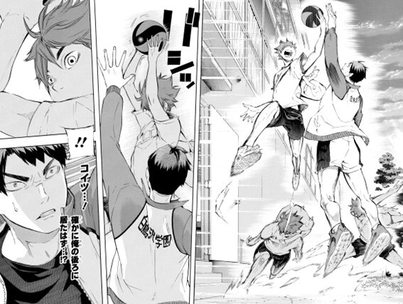 とてつもない瞬発力を見せつけ、牛島を焦らせた日向。この後に続く「コンクリート出身日向翔陽です」は、作中の名言に挙げられることも多い(ジャンプコミックス第9巻より)©古舘春一/集英社