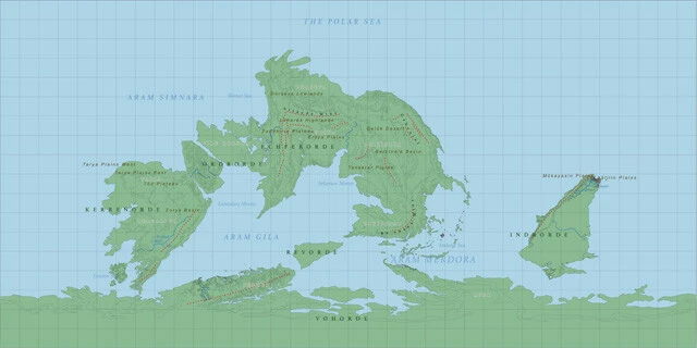 写真⑥ フィラクスナーレの中の惑星・アラモルダルの地図。天体の形成過程やプレートテクトニクスも考証を加えて作られている