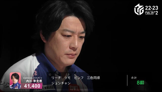 虫眼鏡氏が選ぶベストシーンは、昨年2月28日の対局。内川氏が3着から純チャン三色の倍満手を作り大逆転を果たした(C)AbemaTV, Inc./(C)Mリーグ