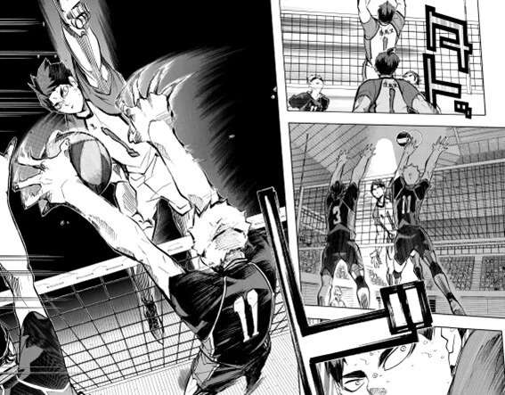 白鳥沢戦で全国屈指のエーススパイカー・牛島の強烈スパイクを見事にブロックした月島。木兎の言う通り、「バレーにハマった瞬間」でもある。(ジャンプコミックス第19巻より)©古舘春一/集英社