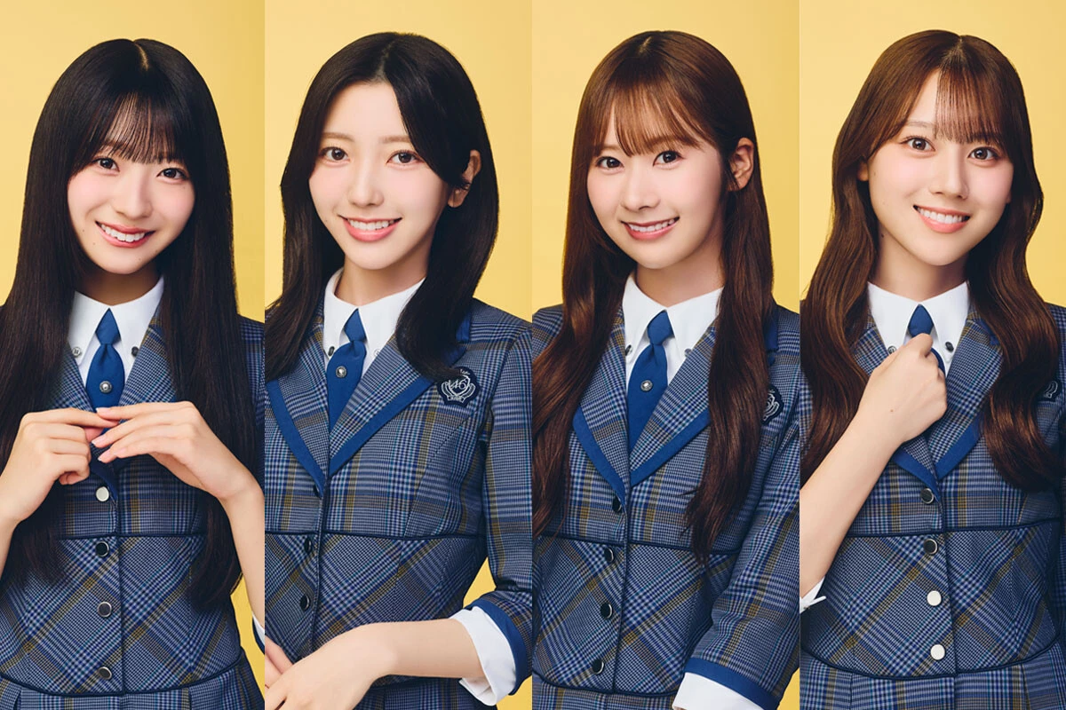 左から日向坂46、四期生の宮地すみれ、石塚瑶季、小西夏菜実、平岡海月