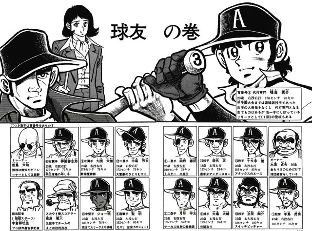 「どぐされ球団」・明王ファイターズの主要メンバーたち。ひとくせもふたくせもある連中ばかり（©竜崎遼児／集英社）