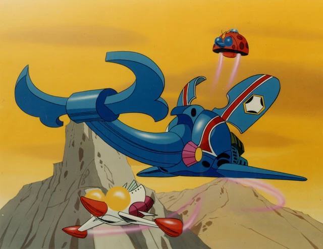 『タイムボカンシリーズ』で大河原さんの初仕事となったのが中村光毅さんがデザインした「メカブトン」(中央)に格納される小型水中メカ「ヤゴマリン」(下)©タツノコプロ