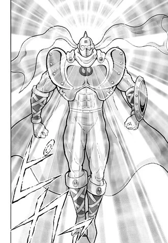 後光に照らされながら、キン肉族の開祖にして正義超人の生みの親・シルバーマンが降臨...！