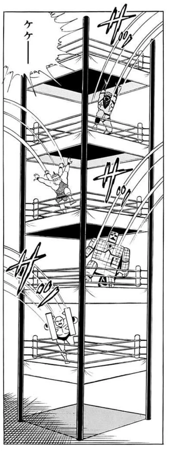 大きなダメージを負ってしまったウォーズマンの身体の中枢部分に直接ショックを与えるべくミクロ化して、体内に入るキン肉マンたちとそこへ立ちはだかる悪魔超人たち（JC14巻より）