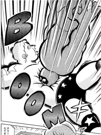 ご存じのファンの方も多いと思いますが、テリーマンとスカイマンの関係には、第20回超人オリンピック1回戦で闘ってから、という永き歴史があることを一応お伝えします（JC3巻より）