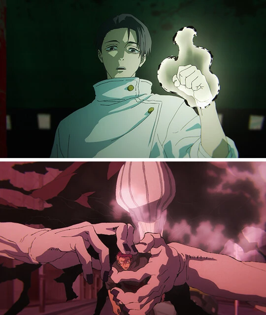 『劇場版 呪術廻戦「渋谷事変 特別編集版」×「死滅回游 先行上映」』から。温和だった乙骨が一変。本作では険しい目つきに。里香は虎杖を抑え込んでいるように見えるが......