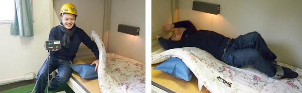 【画像左】南田氏のツアー「鉄道好き有名人と行く鉄友ツアー」(日本旅行)で、ファンと体験した鉄道マン御用達の目覚まし。通称“おこし太郎”。アラームのほかに足元には空気を送り込むコンプレッサーが【画像右】時間になると、布団の下に置かれた空気袋が膨らみ、背骨がボキボキになって強制起床!(写真下)。全国の鉄道会社が導入。市販もされていて、お値段はなんと約10万円なり!!