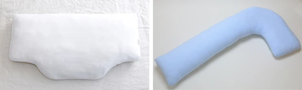 【画像左】横幅が広く寝返りしやすい『スマートフィット ピロー』【画像右】L字タイプの抱き枕『横寝でぐっすり抱き枕』