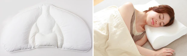 【画像左】『ジムナストプラス』は4分割された本体で素材を追加して高さ調整が可能【画像右】柔らかい素材を変形させ体にフィットする『annique(アンニーク) マシュマロまくら』