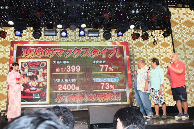 イベントでは「CR戦国無双」の新機能やスペックを説明。多彩な演出や高いスペックに安田大サーカスの3人も驚き