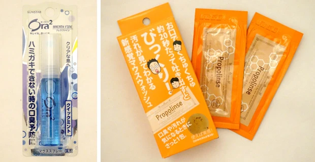 （左）「オーラツーマウススプレー」（サンスター）ニオイの強い食事の後に便利なスプレー。有効成分ｌ－メントール配合でニオイの原因菌を殺菌。６ミリリットル、２５０円＋税　（右）「プロポリンス」（ピエラス）すすいで吐き出すと、お口の汚れが一目瞭然のマウスウオッシュ。ニオイや口内のネバツキを無くす効果も。１２ミリリットル×６包入り、実勢価格　２３５円＋税