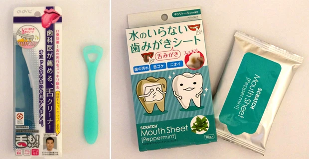 （左）「ののじ　舌クリーナー」（レーベン販売）歯科専門医との共同開発。ソフト素材で舌にやさしく、３枚プレードで舌苔がスッキリ取れる。６００円＋税　（右）「水のいらない歯みがきシート」（素数）口の中をふくことで、歯の汚れや舌苔を除去し、口臭を予防できるマウスシート。２０枚入り、５００円＋税