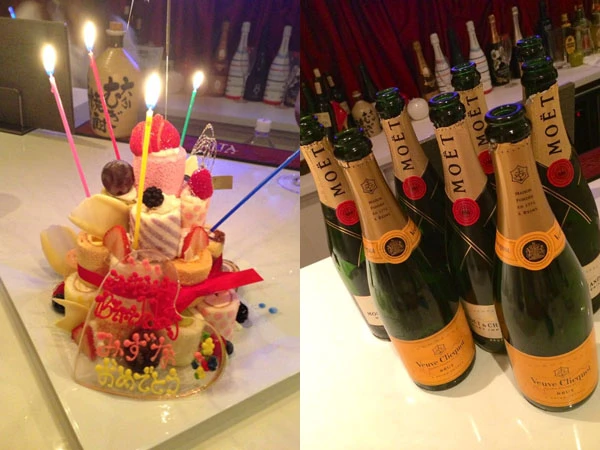  こんなかわいいロールケーキタワーでお祝いされたら、女子はみんな喜んじゃいます！　シャンパンも気付いたら、ボトルだけでこんなに飲んでました（笑）
