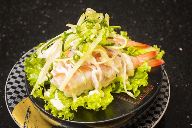 むし海老カルパッチョ１８０円。ほぼすべてのネタをカルパッチョ風にしてくれる