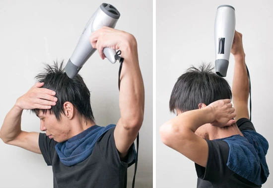 ハンドアイロンのように手でおさえながら風を当てる