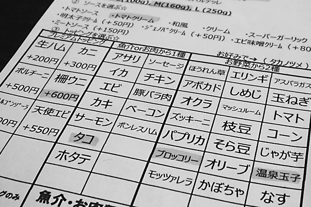 オーダーシートにはパスタの種類、量、ソースの種類、トッピングを書き込み、シェフが調理