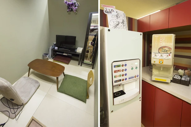 (左)有料になるが、個室や個別ブースもある。集中して仕事したいときや仮眠したいときにオススメだ。(右)温かい味噌汁が無料! そのほか、お茶やコーヒー、りんごジュースも無料で飲み放題!