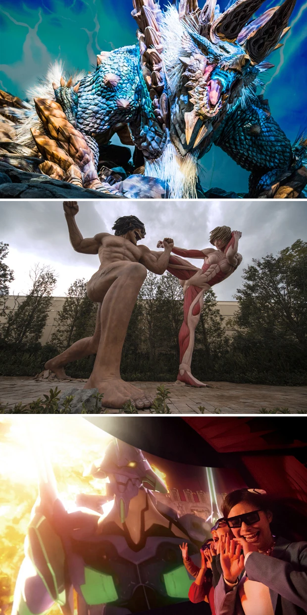 【画像上】「モンスターハンター・ザ・リアル」には、ゲームでおなじみの超帯電状態のジンオウガが登場。しかも可動して等身大サイズ!【画像中】「進撃の巨人・ザ・リアル」では等身大の巨人が!【画像下】「エヴァンゲリオン・ザ・リアル4-D」ではエヴァと使徒との立体的な大迫力バトル映像を公開!