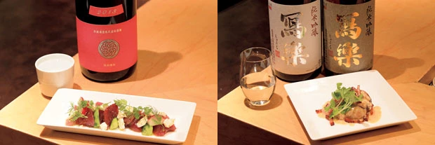 マグロとフェタチーズのバジルマリネ(左)&カキとパンチェッタのソテー クリームソース(右)