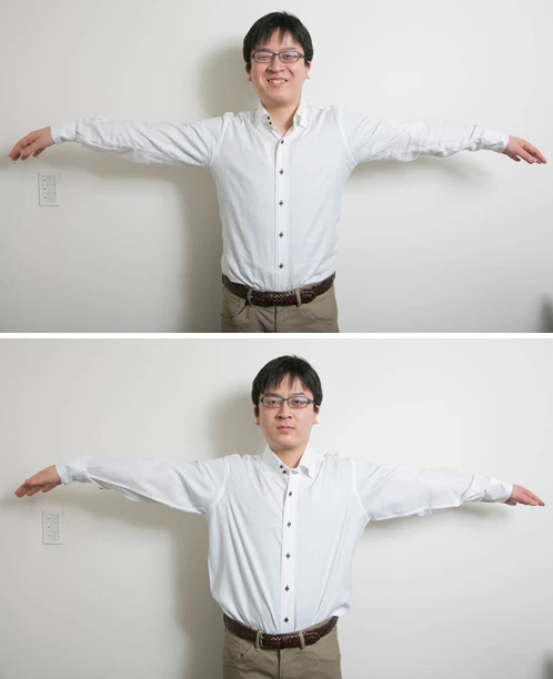 (上)ジャストサイズのシャツはしっくりきて好印象。(下)明らかに大きすぎのシャツは自分を客観視できてない感じが丸わかり!