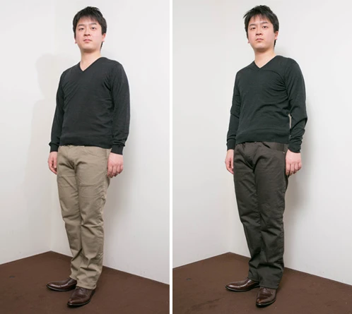 「暗+明」のコーディネート(左)が一番あか抜けた印象。「暗+暗」(右)も悪くないが、一歩間違えると“全身タイツ”に