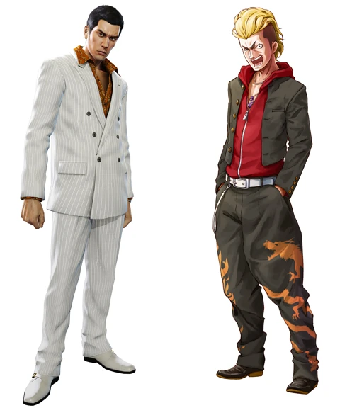 (左)オラオラ系の王道スタイルがこれ! 『龍が如く0 誓いの場所』の主人公・桐生一馬 (右)リーゼントでヤンキーテイスト強めなのが『スカッズ ~最凶の絆~』の主人公・我地魂  (C)SEGA