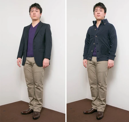  ３回以降はインナーをＶネックに変えてやや着崩す。女性が好きな紫色などをチョイスしてもＯＫ。（右）出かける場所に合わせてカジュアルさをプラスした着こなしを