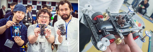 【画像左】左から江上(ミニ四駆のセミプロ)、直井(親子でミニ四駆)、オブチ(26歳・新品男子)の週プレチーム 【画像右】ドライバーズシートにはウォーズマンが鎮座する週プレチーム・直井のマシン