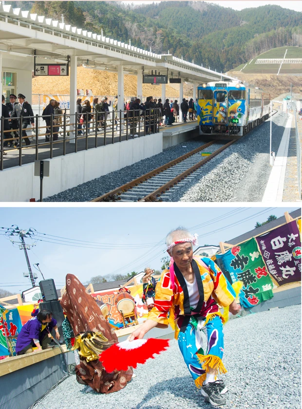 【画像上】3月21日に新駅舎がオープンした女川駅。今後はこの周辺に新たな商店街が形成され、復興のランドマークとして機能することになる 【画像下】駅のオープンと同時に行なわれた復興祭では、女川町名物の獅子舞も登場した