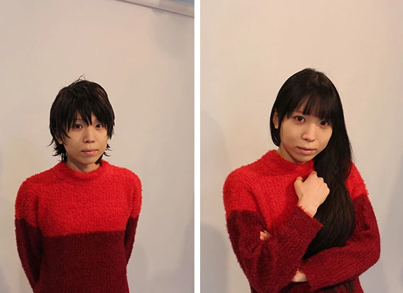 ストレートロングヘアのあおにゃん。なので、右がナチュラル。左がかつら着用の男装だが、男装ユニットの風男塾のよう。女装のほうが自然体に見える