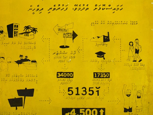 モルディブ人が使うディベヒ語。建物の壁に書かれてたけど、何かの案内かな？