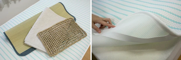 (左)左から、いぐさ、麻素材の敷きパッドと、100均でも買えるシーグラスマット。(右)身体から出た汗を吸収、速乾する敷きパッド「サラフ」 https://shop.salaf.jp/