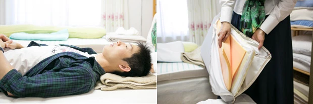 (左)バスタオルを重ねて合う高さを見つけよう。(右)中の詰め物で高さを調整できる枕も