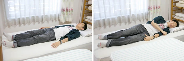 あお向けに寝た時、腰が浮いたり沈まないか。横向きで肩が楽かをチェック