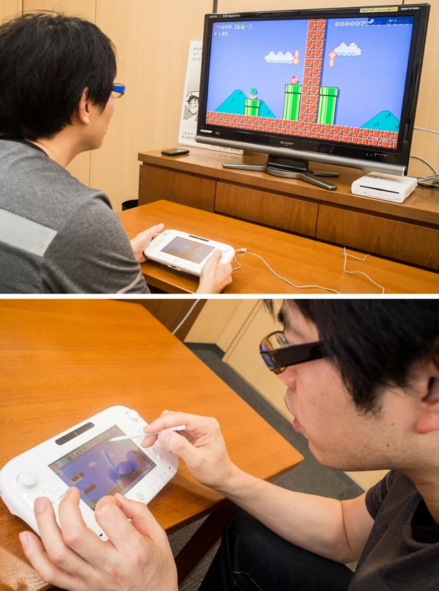 【画像上】スーマリ初体験のため、土管に入るアクションさえわからない中ティさん。でも、操作と同期して体が動くほどの熱中っぷり!【画像下】デザイナーという職種から、普段からペンタブの使用が多い中ティさんが絶賛したのが、タッチペンによる操作感だった