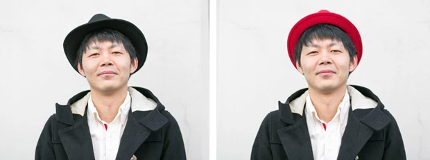 つばで耳が隠れるか、隠れないかがキモ。完全に耳が隠れた左のほうが小顔に見える