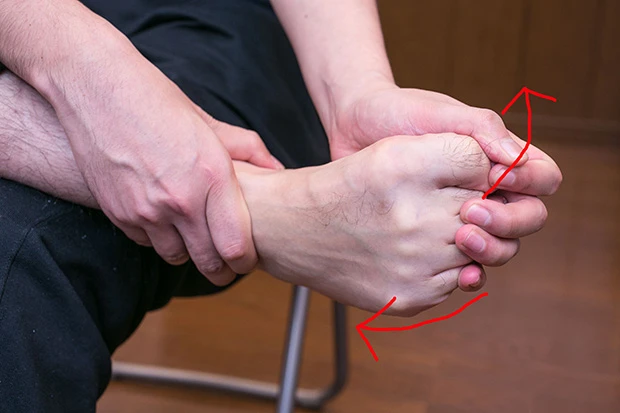 手で足の指を持ち、上下に動かす