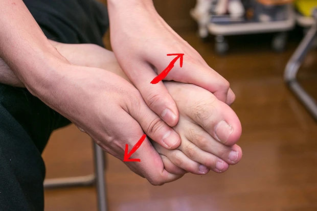 両手で足を写真のように持ち、まず親指側にひねる。次に小指側にひねる。これを５回繰り返す