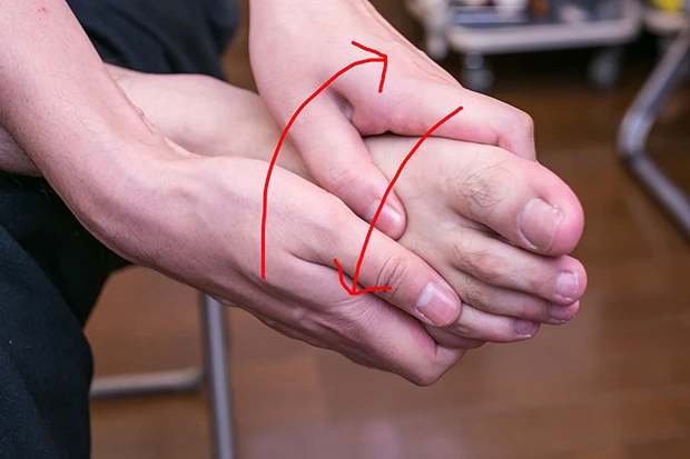  両手で足を写真のように持ち、まず親指側にひねる。次に小指側にひねる。これを５回繰り返す