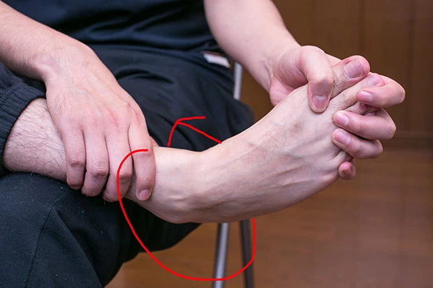 手で足の指を持ち、上下に動かす