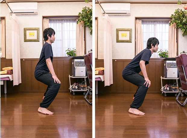  （左）背筋をきっちりと伸ばすとは、この姿勢のことをいう。（右）前かがみになりやすいが、これではインナーマッスルは鍛えられない