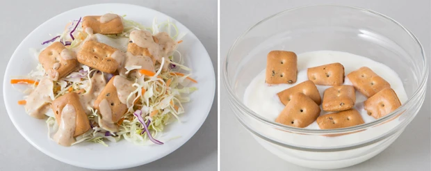  【左】『カンクルトンサラダ』。サラダにのせて、マヨネーズ系の濃厚なドレッシングをかける。和風ドレッシングなどには合わないので注意【右】『カンパングルト』。カンパンをシリアルとしていただく。カンパン自体にほぼ甘みがないので牛乳はＮＧ。加糖のヨーグルトがベスト