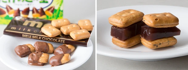  【左】『カンパンの里』。市販の板チョコを２分ほどレンジでチンしてディップ！　たけのこの里より、食感が強く食べ応えあり【右】『ようカンパン』。カンパンと同じく５年保存の利くようかんをサンド。カンパンのゴマとあんこがマッチした絶妙な和スイーツ